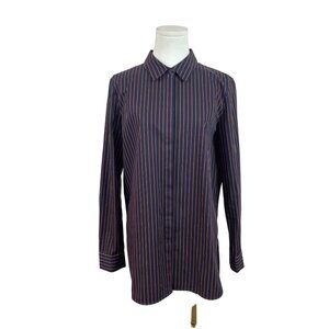 Lafayette 148 New York Women Navy & Orange Striped Button-Up Shirt Long Sleeve S